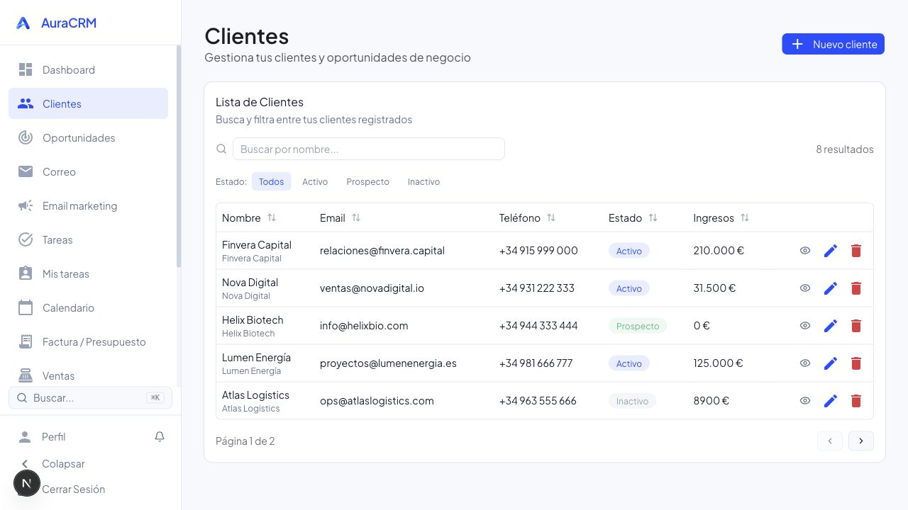 Listado de clientes de AuraCRM